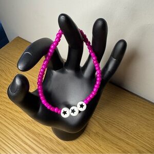 Glass Beaded Elastic Pink Bracelet White with Black Stars